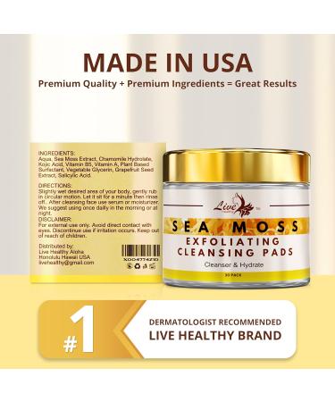 Live Healthy The Original Kojic Acid & Sea Moss Cleansing Pads - Natural Face Cleanser with Vitamin E Glycolic Acid & Hyaluronic Acid - Clears Acne Face Peel Toner Pads - Made in USA | 30 Pack - Buy Online on GoSupps.com