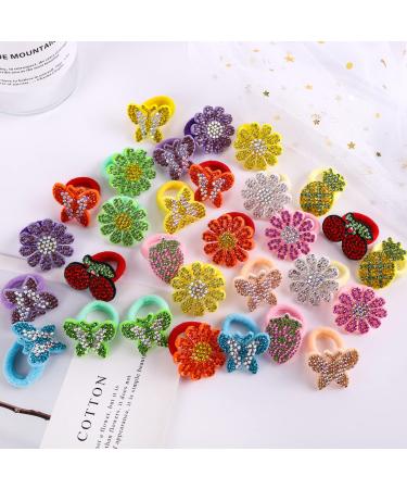 Fishdown 30 Pcs Glitter Hair Ties for Girls Sequin Hair Ties for Toddlers Seamless Small Ponytail Holders Rhinestone Sequin Sparkle Flower Butterfly cartoon Hair Accessories Elastic Rubber Bands for Kids