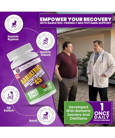 Procare Health Bariatric Multivitamin with Iron 45mg Chewable (30 Tablets) - Fruit Punch Flavor Bariatric Multivitamin Chewable Pills for Gastric Bypass & Sleeve Gastrectomy Patients (01 Month Supply) 30 Count (Pack of 1) - Buy Online on GoSupps.com