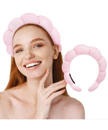 MAPICNNT Spa Headband for Washing Face  Cute Pink Makeup Headband  Puffy Spa Headband  Terry Towel Cloth  Versed Headband  Bubble Skincare Headband  Sponge Spa Facial Headband (Pink)