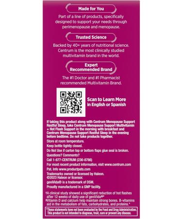 Centrum Complete Multivitamin Supplement + Hot Flash Support Menopause Support Tablets, with Clinically Studied geniVida, 30 Count - Buy Online on GoSupps.com