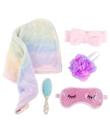 Rainbow Bright Bath Set for Teens and Girls - Shower and Spa Kit with Hair Towel Wrap, Brush, Eye Mask, Headband, and Loofah - Buy Online on GoSupps.com