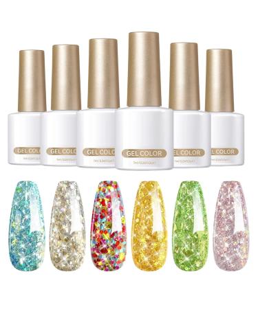 Hand Health Care for Glitter Nail Polish Kit for 6 Colorful LED Colors Dipped on 7ml Glossy Finish Long Lasting Sparkling Polycone