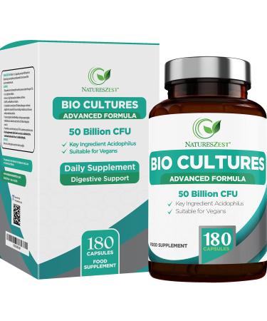 Bio Cultures Complex Probiotics 50 Billion CFU with Prebiotics 180 Vegan Capsules - Acidophilus & Saccharomyces Boulardii Probiotic - 6 Month Supply Probiotics for Women & Men