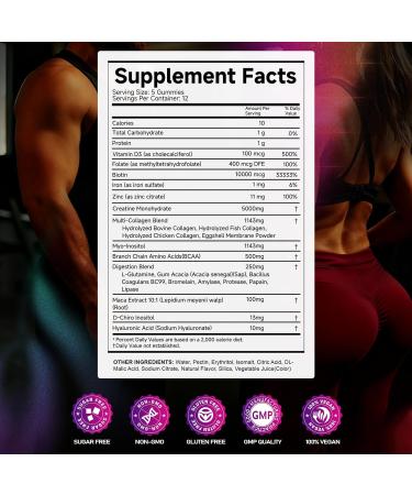 Creatine Monohydrate Gummies with Collagen BCAAs L-Glutamine Biotin Zinc Vitamin D3 & Hyaluronic Acid Daily Pre & Post Workout Recovery Sugar-Free (60 Gummies) 60 Count (Pack of 1) - Buy Online on GoSupps.com