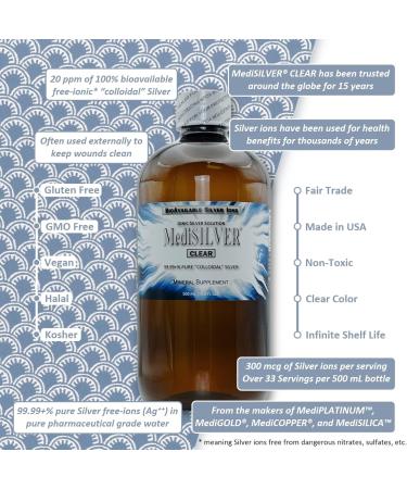 MediSILVER Clear True Free Ionic Colloidal Silver Dietary Supplement - 250 mL (8.45 Fl Oz) in BPA-Free Amber Plastic Bottle - Buy Online on GoSupps.com
