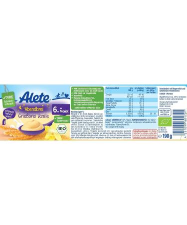Alete Organic Evening Porridge Grißbrei Vanilla - Baby Food (6 x 190g) | Organic Quality No Palm Oil & Sugar Additives 6 Months+ - Buy Online on GoSupps.com