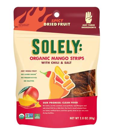 SOLELY Organic Dried Mango Strips with Chili and Salt, 2.8 oz | Three Ingredients | Vegan | Non-GMO | No Added Sugar