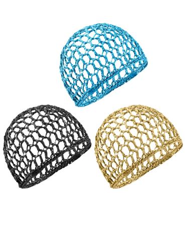 Framendino 3 Pack Mesh Crochet Hair Net Rayon Knit Snood Hat Thick Hairnet Snoods Cover Ornament for Night Sleeping Hair Accessories 3 Pack Blue & Black & Khaki