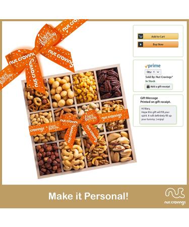Happy Birthday Gourmet Nuts Gift Basket in Wooden Tray | 12 Assortments, Kosher Snacks for Men, Women | Healthy Care Package with Orange Ribbon - Buy Online on GoSupps.com