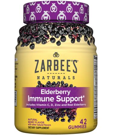Zarbee's Elderberry Gummy Daily Immune Support Supplement with Vitamins A, C, D, E & Zinc, Black Elderberry Fruit Extract, Natural Berry Flavor, 42 Count Adult (12+ Years) Berry Gummies, 42 ct