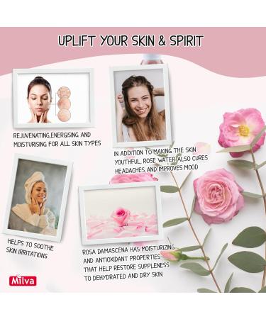 Milva Rose Water for Face Spray with Bulgarian Rose Oil | Natural Rosewater for Face Mist | 100% Pure Rose Water for Hair & Body | 200 ml Hydrating Facial Toner | Alcohol Free Makeup Remover Cleanser - Buy Online on GoSupps.com