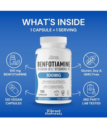 Benfotiamine Vitamin B1-120 Capsules 100mg of High Absorption Vitamin B1 Supports Normal Growth & Energy Production Third Party Tested Gluten Free Vegan Made In Canada by Vibrant Naturals - Buy Online on GoSupps.com