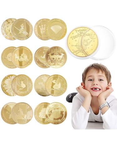 Tooth Fairy Coins Tianher 16 Pieces Gold Tooth Fairy Coin Gifts Girls Boys Commemorative Coins with Different Patterns for Lost Tooth Children Gifts Souvenir