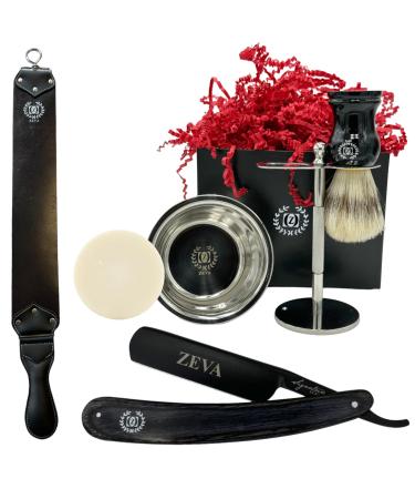 Men Gift Set Zeva Wet Shaving Wood Straight Razor Kit Carbon Steel Cow Leather Honning Strop for Stropping Grandpa Christmas Gift Box Close Shave