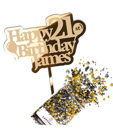 Cakeshop Cake Decoration Pack | Happy Birthday Premium 3mm Mirror Acrylic Plastic Cake Topper Sign & 25g Party Pack of Cake Sugar Sprinkles | Custom Name & Age Cake Decorations (Gold) Non-Prime Mirror Acrylic: Gold