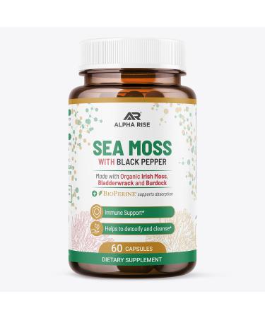 Organic Sea Moss Capsules - Irish Sea Moss and Bladderwrack Pills with Burdock for Thyroid Support Detox & Cleanse Enhanced with Bioperine Black Pepper Extract for Max Absorption