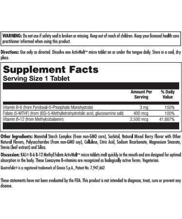 KAL B-6 B-12 Methyl Folate 60 Micro Tablets - Mixed Berry | 3mg B6, 2500mcg B12, 400mcg Folate - Buy Online on GoSupps.com