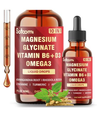 10in1 Magnesium Glycinate Liquid Drops Magnesium Complex Supplement with Omega3 Vitamin D3 Vitamin B6 Ashwagandha and More - Supports Overall Wellness - 1 FL Oz - 1 Month Supply