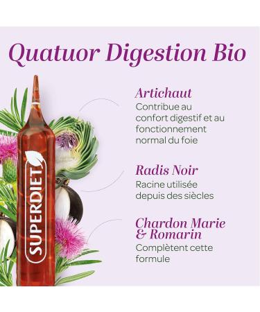 SUPERDIET -QUATUOR DIGESTION BIO-Well-being of the liver -Black Radish Artichoke Milk Thistle Rosemary-Made in France-20 Ampoules of 10 ml - Buy Online on GoSupps.com
