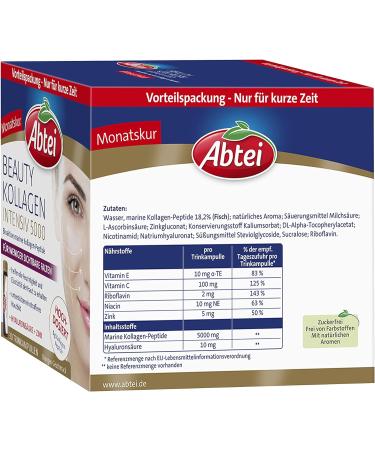 Abbey Beauty Collagen Intensive 5000 - Reduce Wrinkles with 5g Collagen Peptides Hyaluronic Acid & Vitamin C - Sugar-Free - 30 Drinking Ampoules (750ml) - Buy Online on GoSupps.com