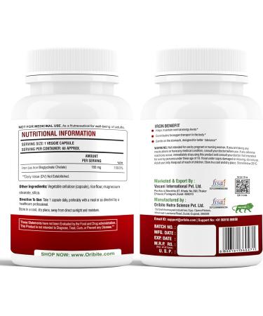 Oribite Iron Bisglycinate 180mg High Potency Iron Supplement for Red Blood Cell Production Iron Deficiency & Energy Support Gentle on Stomach Non-GMO Gluten Free 60 Veg Capsules - Buy Online on GoSupps.com