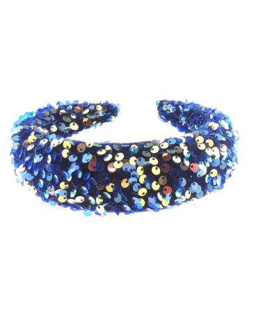 Sparkly Womens Puffy Wedding Bridal Party Birthday Christmas Evening Wide 4cm Thick High Bump Padded Sequin Bling Crystal Hair Hairband Accessories Headband Alice Band (Navy Blue Gold)