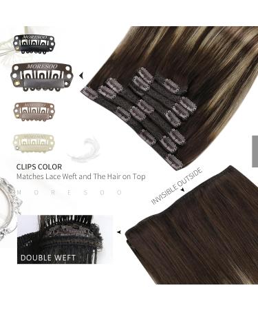 Moresoo 18 Inch Remy Clip in Hair Extensions Dark Brown with Caramel Blonde Balayage - 7PCS 120G Double Weft Clip in Human Hair Extensions #4/27/4 - Buy Online on GoSupps.com