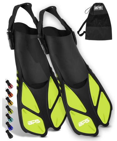 BPS Snorkel Fins, Travel Size Swim Fins Open Heel Adjustable Flippers for Swimming Diving Snorkeling - Men Women Yellow S/M (US Mens 4.5-8.5 / Women 5.5-9.5)