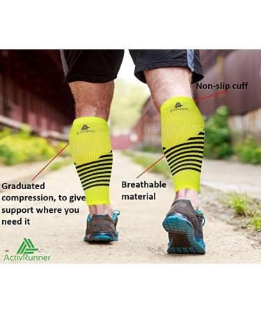 ActivRunner Calf Compression Sleeves. 2 Pairs Per Pack. Performance Compression Support for Improved Circulation Shin Splints Calf Muscle Cramps Injury Prevention Exercise Recovery Medium (calf 32-38cm) Fluorescent Yellow/Black - Buy Online on GoSupps.com
