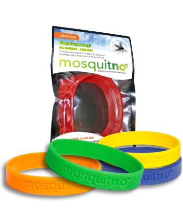 Mosquitno Natural, Citronella, Waterproof Mosquito Repellent Wristbands, Adult, 5-Pack, Red/Orange/Green/Navy/Yellow