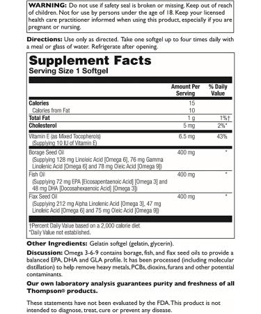 Thompson Omega 3-6-9 1200 mg - 120 Softgels | Essential Fatty Acids for Heart & Joint Health - Buy Online on GoSupps.com
