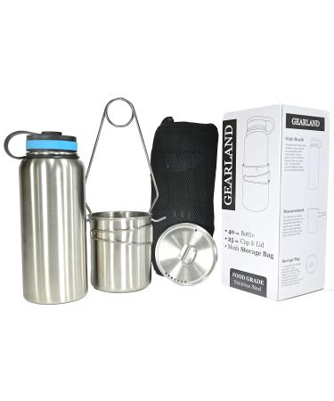 Gearland Canteen Stainless Steel Water Bottle with Nested Camping Cup and Lid for Bug Out Bag, Bushcraft Gear, Metal Canteen with a Wide Mouth Water Bottle and Mess Kit