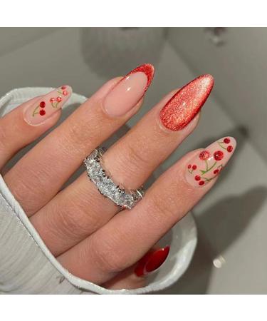 Oval short artificial nails French press on nails mrcuvaryas French press on nails short square soft gel nail tips full cover nageltip (red cherry)