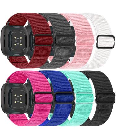 8 Pack Elastic Bands Compatible with Fitbit Versa 3 Bands & Fitbit Sense Bands, Adjustable Nylon Sport Strethy Wristband for Fitbit Versa 3 Smartwatch Women Men B-Wine Red + Blue + Pink + Water Orchid + Fluorescent Plum + …