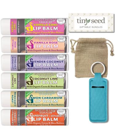 Vegan Lip Balm Set - Pack of 6 Soothing Touch Lip Balms. Plus Muslin Pouch and Lip Balm Holder Keychain (Blue): Lavender Coconut Vanilla Chai Vanilla Rose Coconut Lime Lemon Cardamom Grapefruit