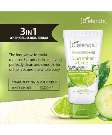 Bielenda BOUQUET NATURE - Replaces 3 Products In Achieving Perfectly Clean And Smooth Skin Of The Face And The Whole Body - Cucumber And Lime Gel+Scrub+Serum 3In1-150 g - Buy Online on GoSupps.com