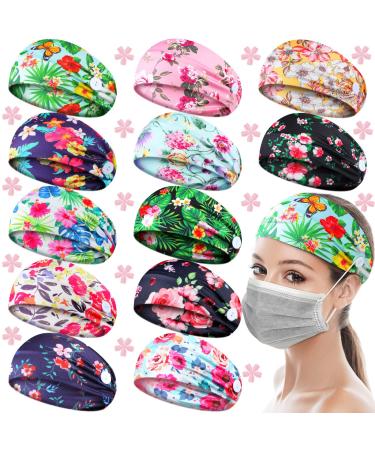 Syhood 12 Pcs Nurse Button Headband for Women Boho Nursing Headbands Non Slip Floral Style Head Wrap Multicolored Ear Protection Holder for Men Women Friends Ear Protection
