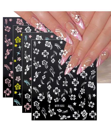 JMEOWIO 9 Sheets Spring Flower Nail Art Stickers Decals Self-Adhesive Colorful Summer Floral White Nail Supplies Nail Art Design Decoration Accessories