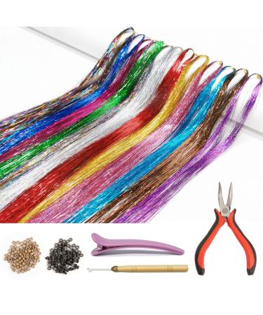 Hair Tinsel Kit with Tools and Instruction Easy to Use 12 Colors 2400 Strands 47 Inches Glitter Tinsel Hair Extensions for Women and Girls  Sparkling Shinny Fairy Hair Accessories for Christmas New Year Halloween Cosplay...