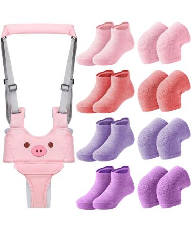 Baby Walking Harness Breathable Handheld Baby Walker Assistant Belt Adjustable Toddler Walking Assistant with 4 Pairs Non-Slip Toddler Socks Grips 4 Pairs Baby Knee Pads for Crawling, 7-24 Months