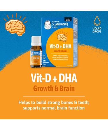Gerber Supplements for Baby Vitamin D and DHA Drops 0-2 Years Supports Strong Bones Teeth & Normal Brain Function No Colours No Flavours No Sweeteners Gluten-Free Vegetarian - Buy Online on GoSupps.com