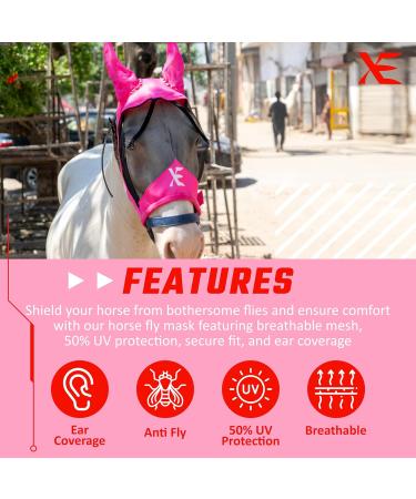 Buy Xe Horse Fly Mask with Ears - Breathable UV Protection for Standard & Racing Horses - Pink COB (M) - Buy Online on GoSupps.com