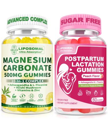 SKLIA Liposomal Lactation Support Gummies + Liposomal Magnesium Complex Gummies Bundle | Postpartum Balance Relaxation & Daily Wellness for Nursing Moms & Adults | Peach & Pineapple Flavors 2-Pack