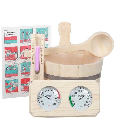 Sauna accessories made of pine wood 6-part bucket 3L together with plastic insert 36cm scope 15min.Hourglass polykonized thermometer - hygrometer laminated sauna port in the language Set#2