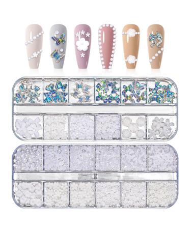 Nail Art Rhinestones and Pearls Set 2 Boxes Mixed Nail Art Decorations 3D Butterfly Bowknot Flower Charms Aurora Bear & Crystal Gems for DIY Nail Design Crafting Parties Weddings