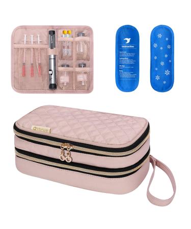 YARWO Insulin Cooler Travel Case with 2 Ice Packs Double-Layer Diabetic Insulated Organizer Portable Medication Bag for Insulin Pens Glucometer and Diabetes Care Kits Dusty Rose (Patented Design)