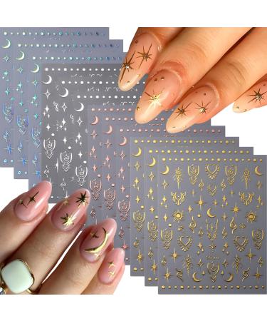 12 Sheets Star Nail Art Stickers 3D Self-Adhesive Nail Decals Silver Aurora Gold Moon Nail Stickers for Nail Art Design Decoration Accessories for Women Style B