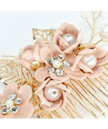 Wedding Hair Accessories Fanvoes Hair Pieces Comb for Bride Bridal - Gold Headpiece Barrette w/Handmade Pink Flower Ivory Pearl Rhinestone - Buy Online on GoSupps.com