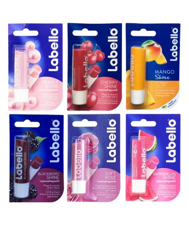 Lip Balm Bundle containing 6 Different Labello Lip Balms - Pearly Shine Cherry Shine Mango Black berry Shine Soft Rose Watermelon Shine